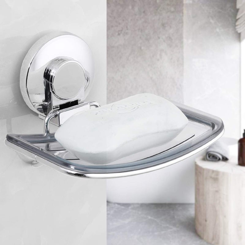LEVERLOC Chrome Suction Cup Soap Dish Holder for Shower Wall Drill-Free Rustproof Waterproof Wall Mount Strong Suction Removable Bar Soap Sponge Holder for Bathroom Bathtub Kitchen - Image 2